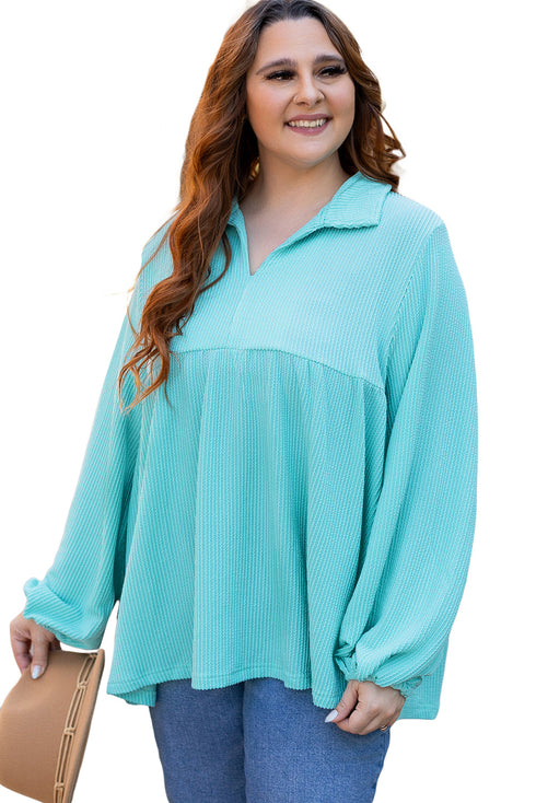 Corded Texture Collared Balloon Sleeve Babydoll Long Sleeve Top