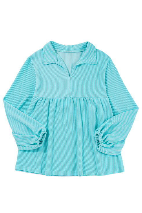 Corded Texture Collared Balloon Sleeve Babydoll Long Sleeve Top