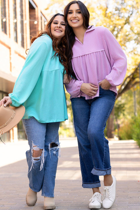 Corded Texture Collared Balloon Sleeve Babydoll Long Sleeve Top