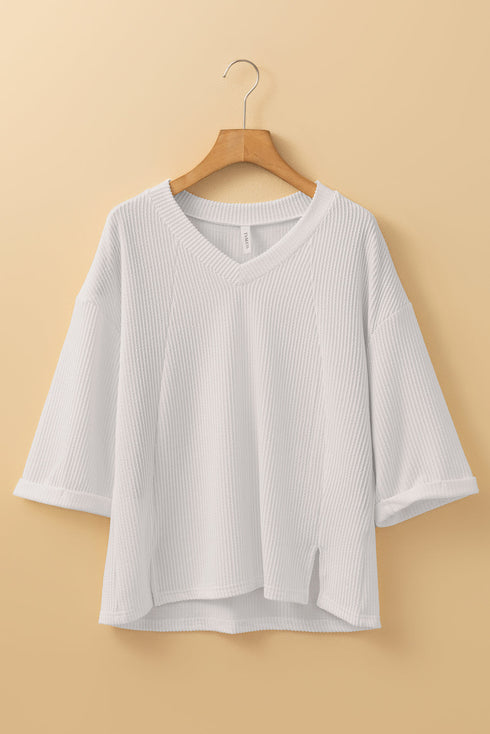 Corded Texture Drop Shoulder Three Quarter Sleeve V Neck Top