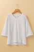 Corded Texture Drop Shoulder Three Quarter Sleeve V Neck Top