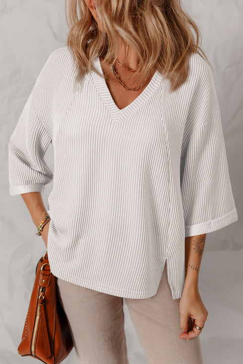 Corded Texture Drop Shoulder Three Quarter Sleeve V Neck Top