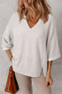 Corded Texture Drop Shoulder Three Quarter Sleeve V Neck Top