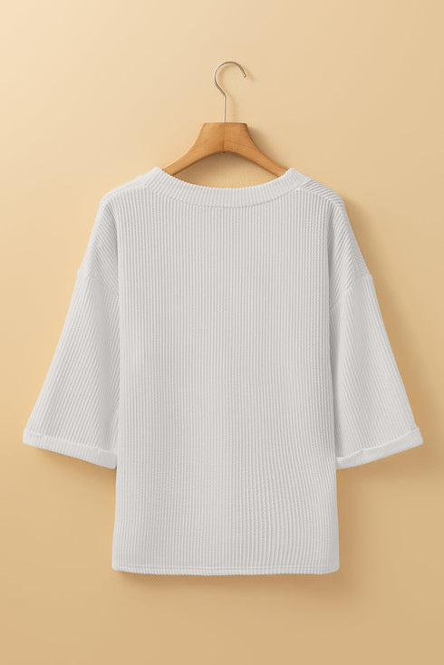Corded Texture Drop Shoulder Three Quarter Sleeve V Neck Top