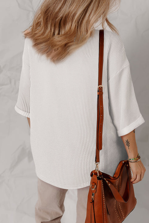 Corded Texture Drop Shoulder Three Quarter Sleeve V Neck Top