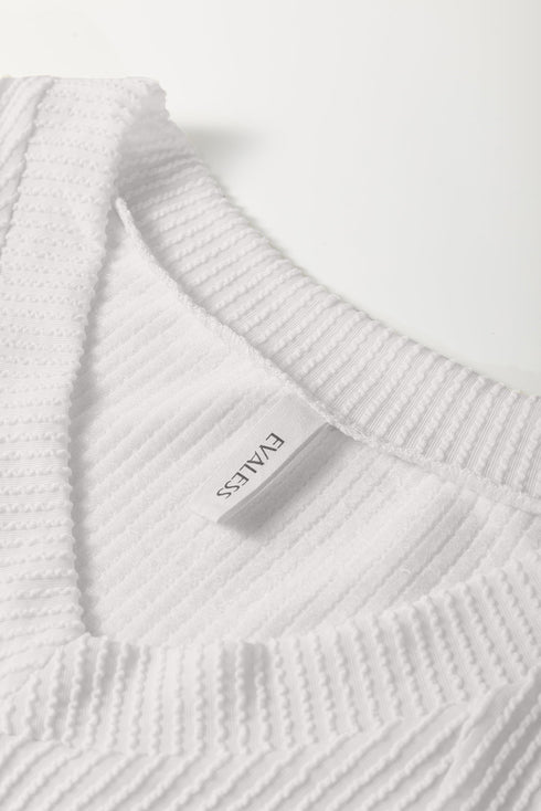 Corded Texture Drop Shoulder Three Quarter Sleeve V Neck Top