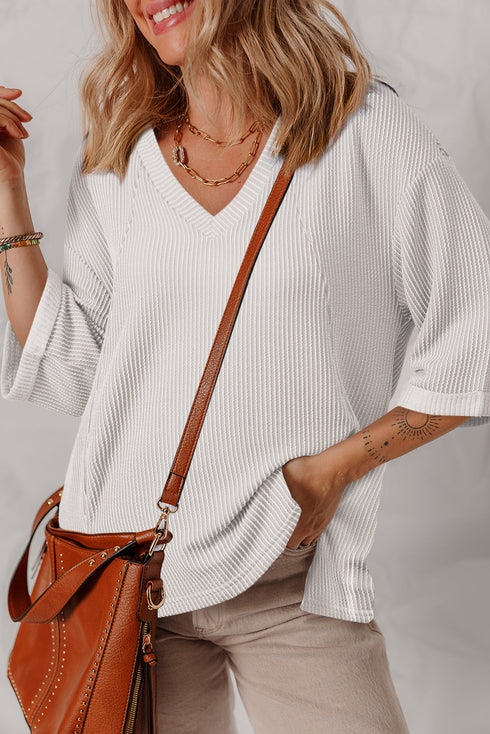 Corded Texture Drop Shoulder Three Quarter Sleeve V Neck Top
