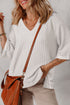 Corded Texture Drop Shoulder Three Quarter Sleeve V Neck Top
