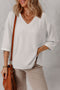 Corded Texture Drop Shoulder Three Quarter Sleeve V Neck Top