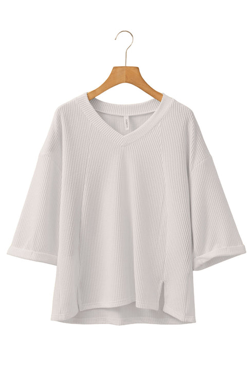 Corded Texture Drop Shoulder Three Quarter Sleeve V Neck Top