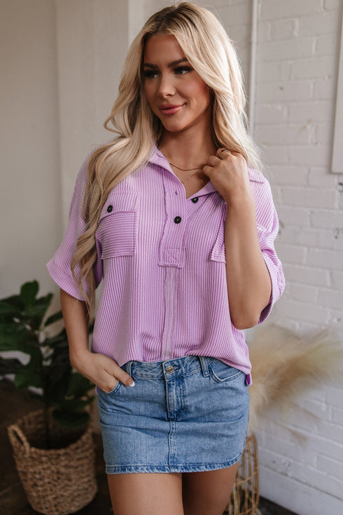Corded Texture Flap Pocket Collared Button Front Short Sleeve Shirt