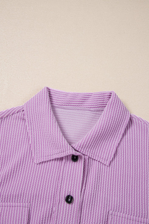 Corded Texture Flap Pocket Collared Button Front Short Sleeve Shirt