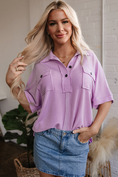 Corded Texture Flap Pocket Collared Button Front Short Sleeve Shirt