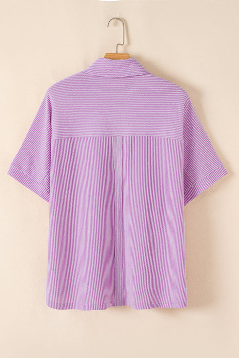 Corded Texture Flap Pocket Collared Button Front Short Sleeve Shirt