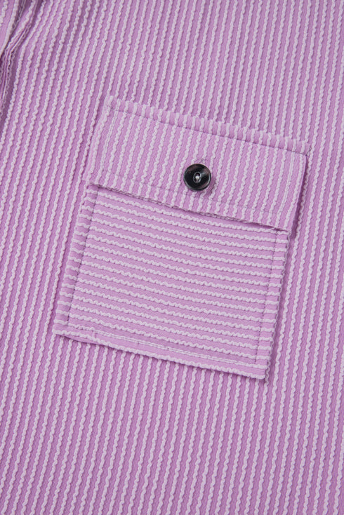 Corded Texture Flap Pocket Collared Button Front Short Sleeve Shirt