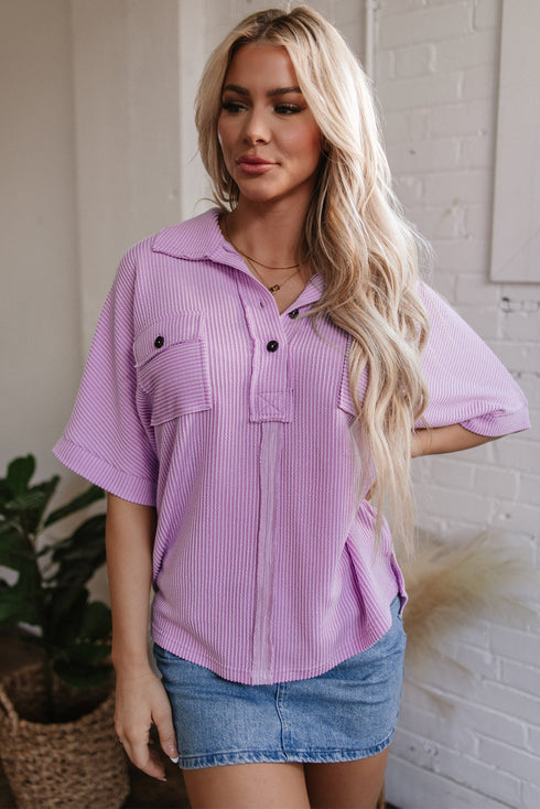 Corded Texture Flap Pocket Collared Button Front Short Sleeve Shirt