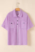 Corded Texture Flap Pocket Collared Button Front Short Sleeve Shirt