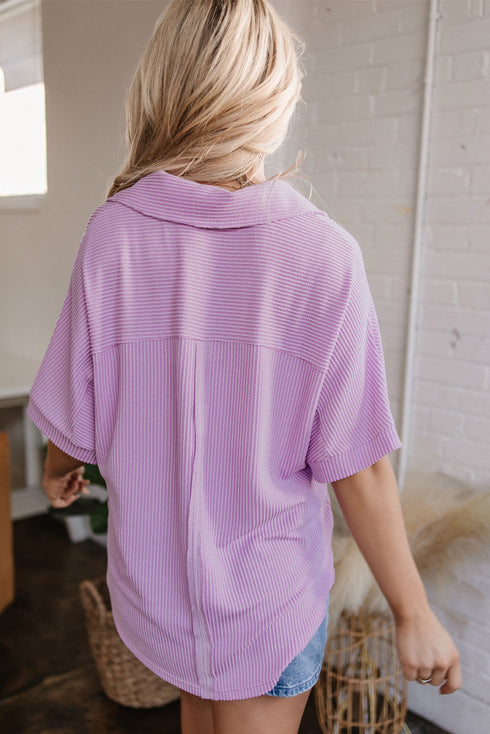 Corded Texture Flap Pocket Collared Button Front Short Sleeve Shirt
