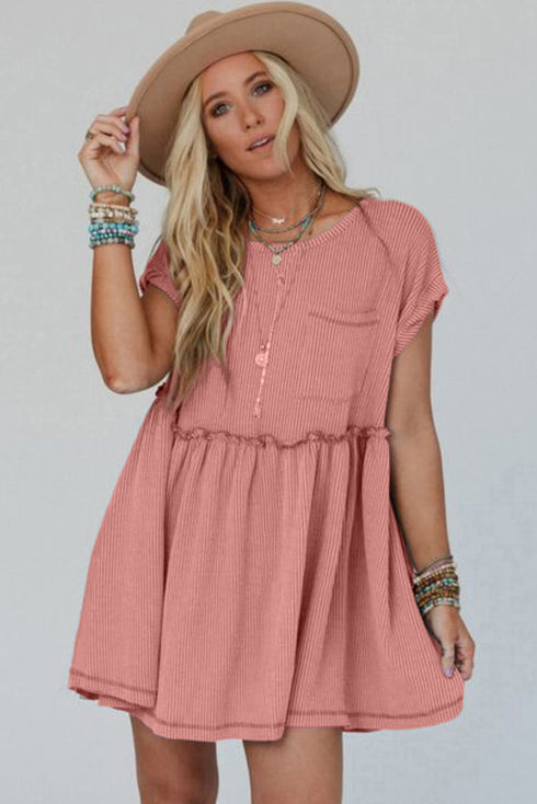 Corded Texture Frill Hem Pocketed Swing Mini Dress