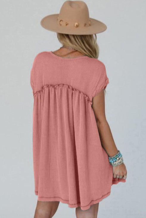 Corded Texture Frill Hem Pocketed Swing Mini Dress