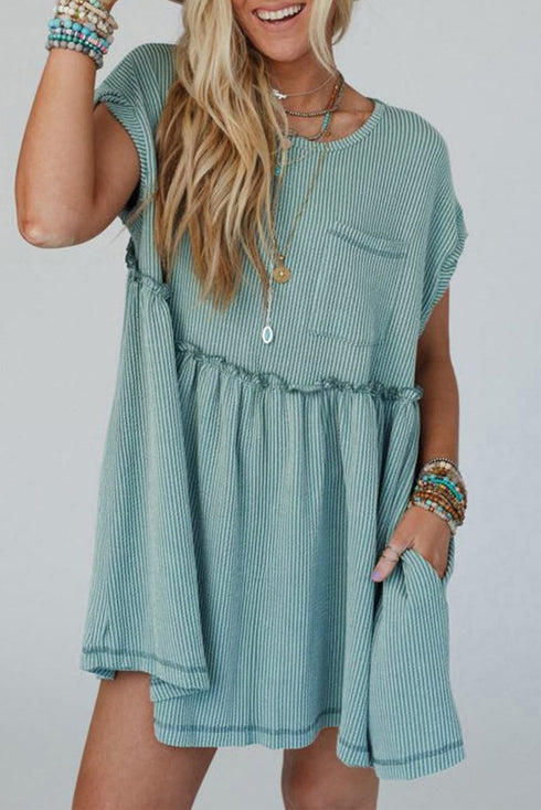 Corded Texture Frill Hem Pocketed Swing Mini Dress