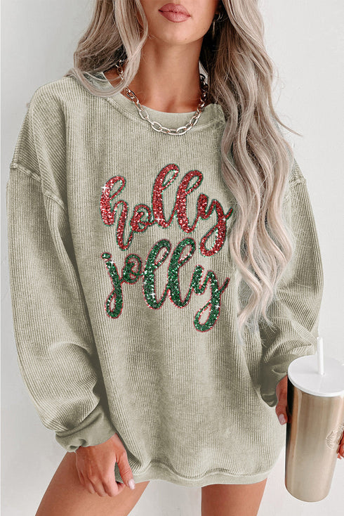 Corded Texture Glitter Script Graphic Pullover Sweatshirt