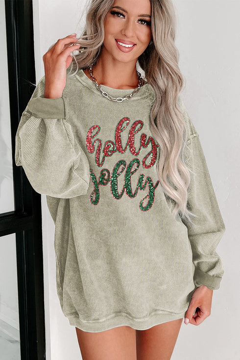 Corded Texture Glitter Script Graphic Pullover Sweatshirt