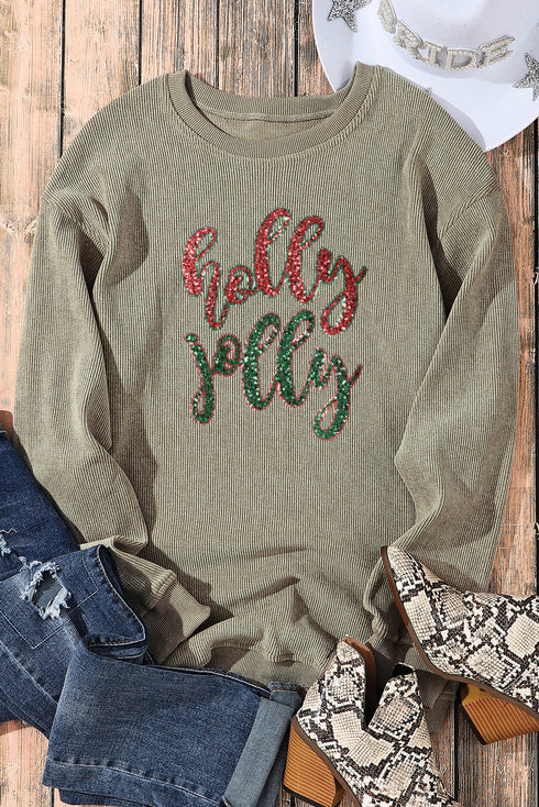 Corded Texture Glitter Script Graphic Pullover Sweatshirt