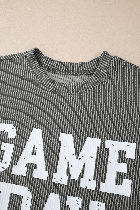 Corded Texture Graphic Letter Print Pullover Top