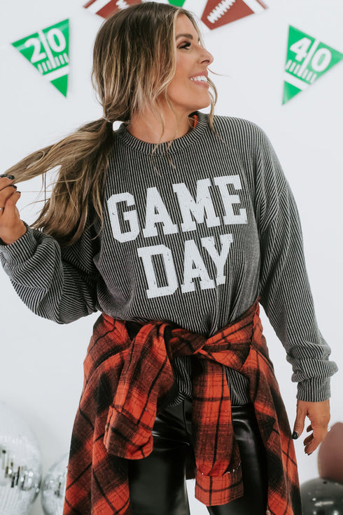 Corded Texture Graphic Letter Print Pullover Top