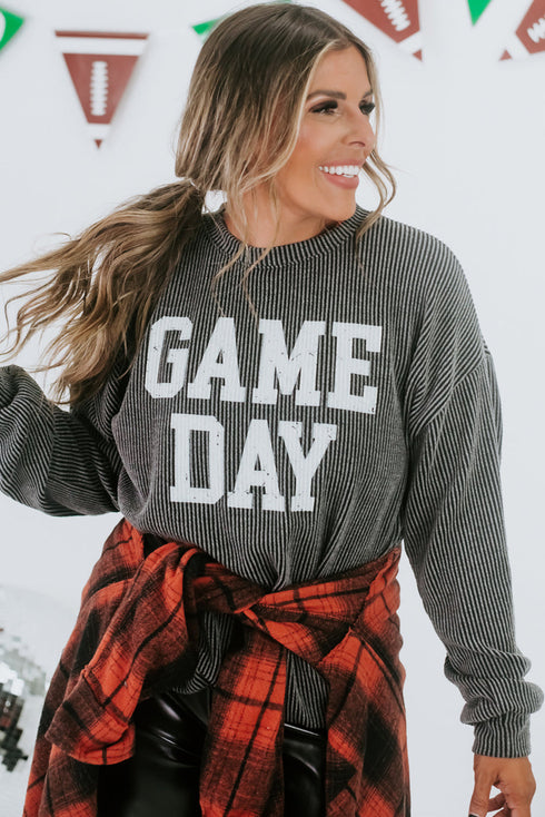Corded Texture Graphic Letter Print Pullover Top