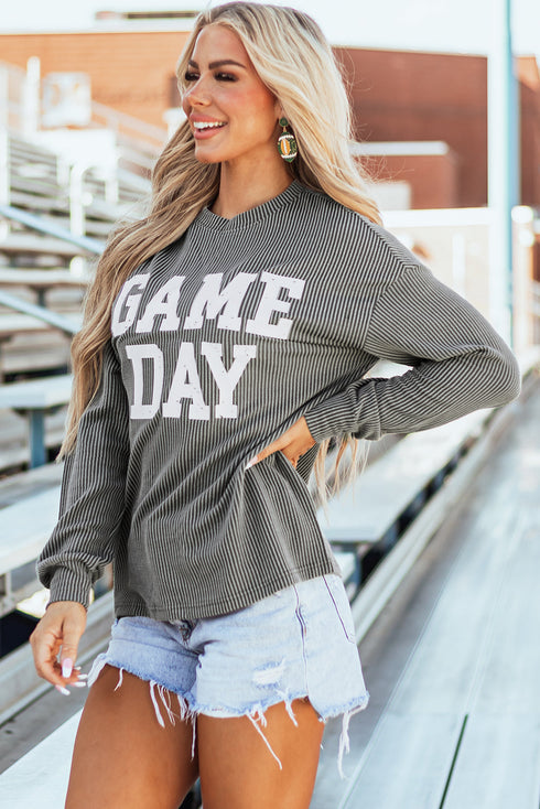 Corded Texture Graphic Letter Print Pullover Top