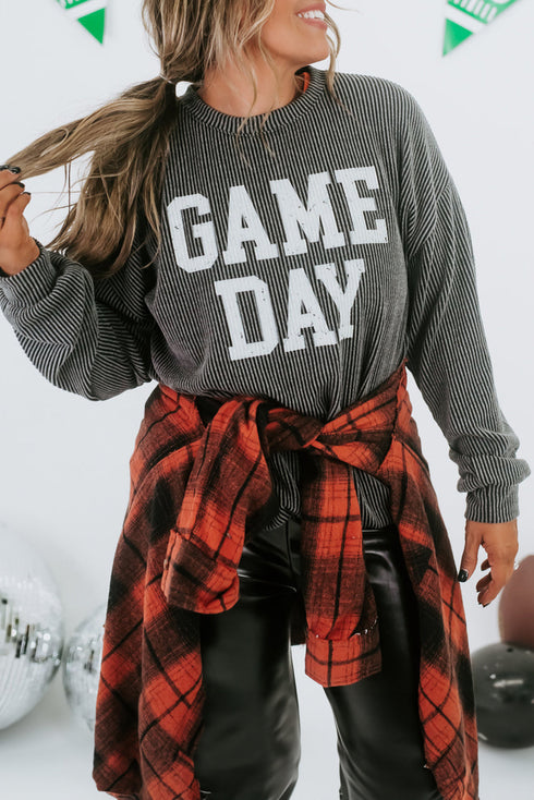 Corded Texture Graphic Letter Print Pullover Top