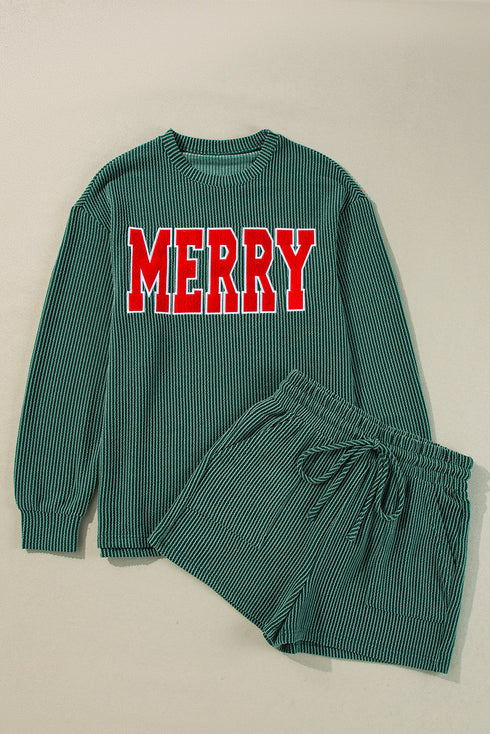 Corded Texture Graphic Long Sleeve Short Set
