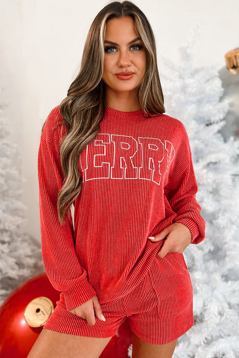 Corded Texture Graphic Long Sleeve Short Set
