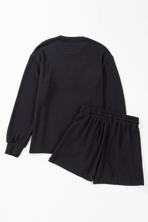 Corded Texture Graphic Long Sleeve Short Set