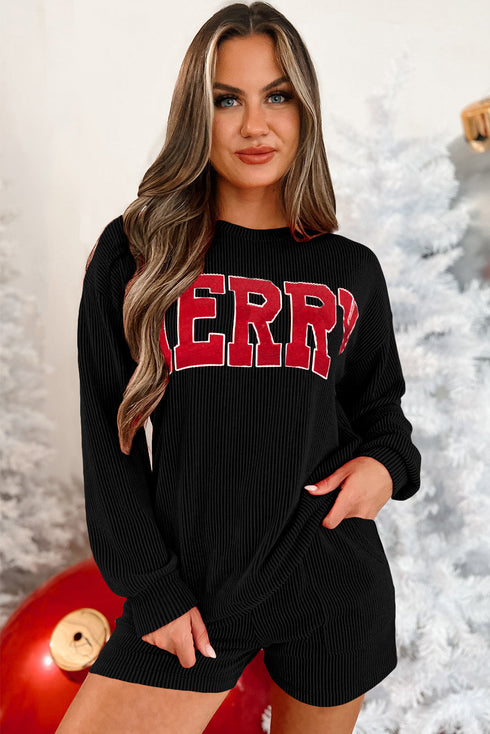 Corded Texture Graphic Long Sleeve Short Set