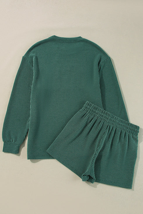 Corded Texture Graphic Long Sleeve Short Set