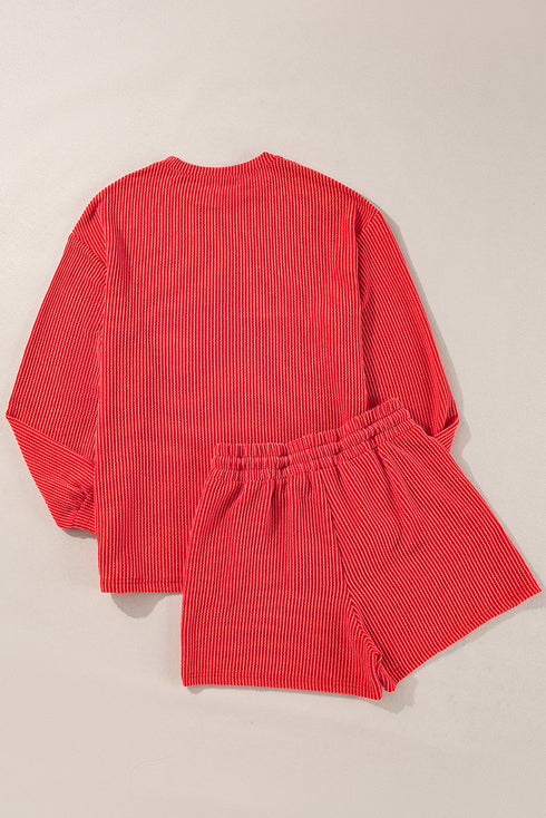 Corded Texture Graphic Long Sleeve Short Set