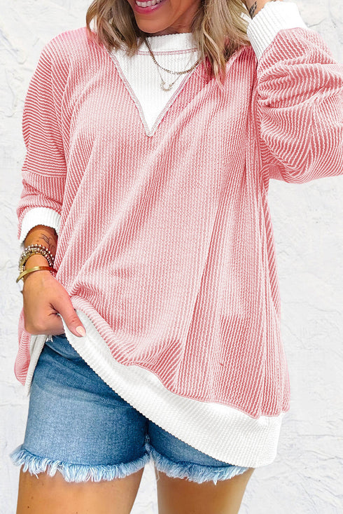 Corded Texture Panel Drop Shoulder Loose Pullover Top