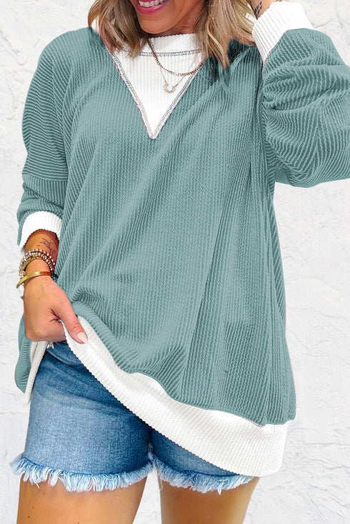 Corded Texture Panel Drop Shoulder Loose Pullover Top