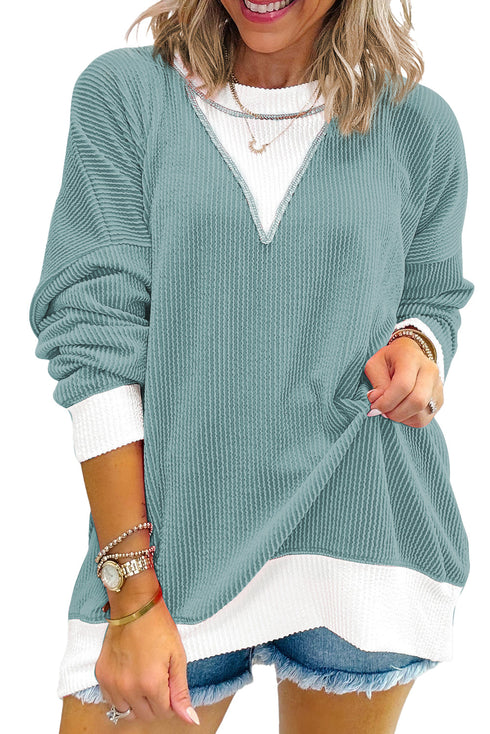 Corded Texture Panel Drop Shoulder Loose Pullover Top