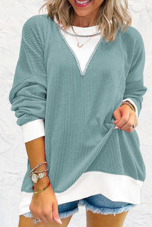 Corded Texture Panel Drop Shoulder Loose Pullover Top