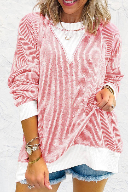 Corded Texture Panel Drop Shoulder Loose Pullover Top