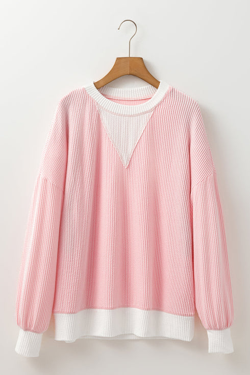 Corded Texture Panel Drop Shoulder Loose Pullover Top
