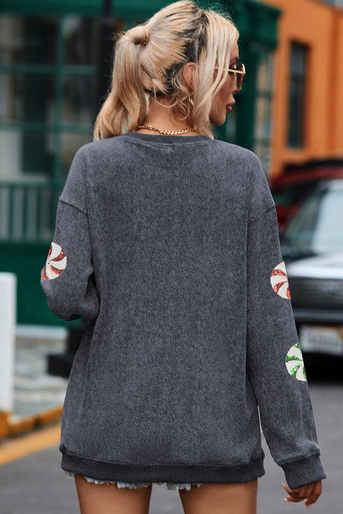 Corded Texture Peppermint Candy Graphic Crew Neck Sweatshirt