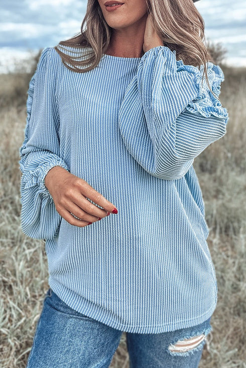 Corded Texture Puff Sleeve Round Neck Casual Blouse