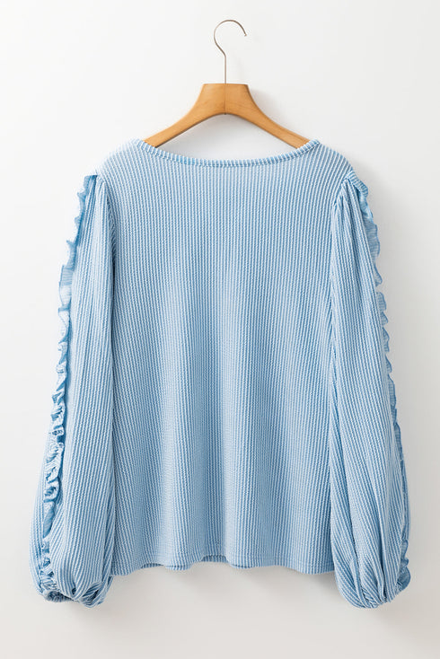 Corded Texture Puff Sleeve Round Neck Casual Blouse