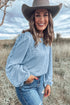 Corded Texture Puff Sleeve Round Neck Casual Blouse