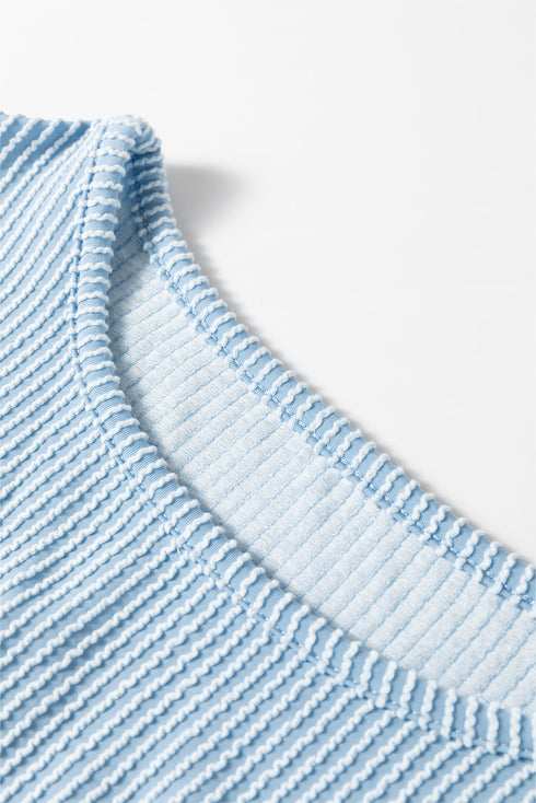 Corded Texture Puff Sleeve Round Neck Casual Blouse
